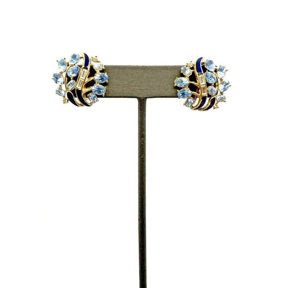 Vintage TRIFARI Earrings Icy Blue Rhinestone Enamel Clip Earrings Gold Tone 1" - Picture 4 of 10